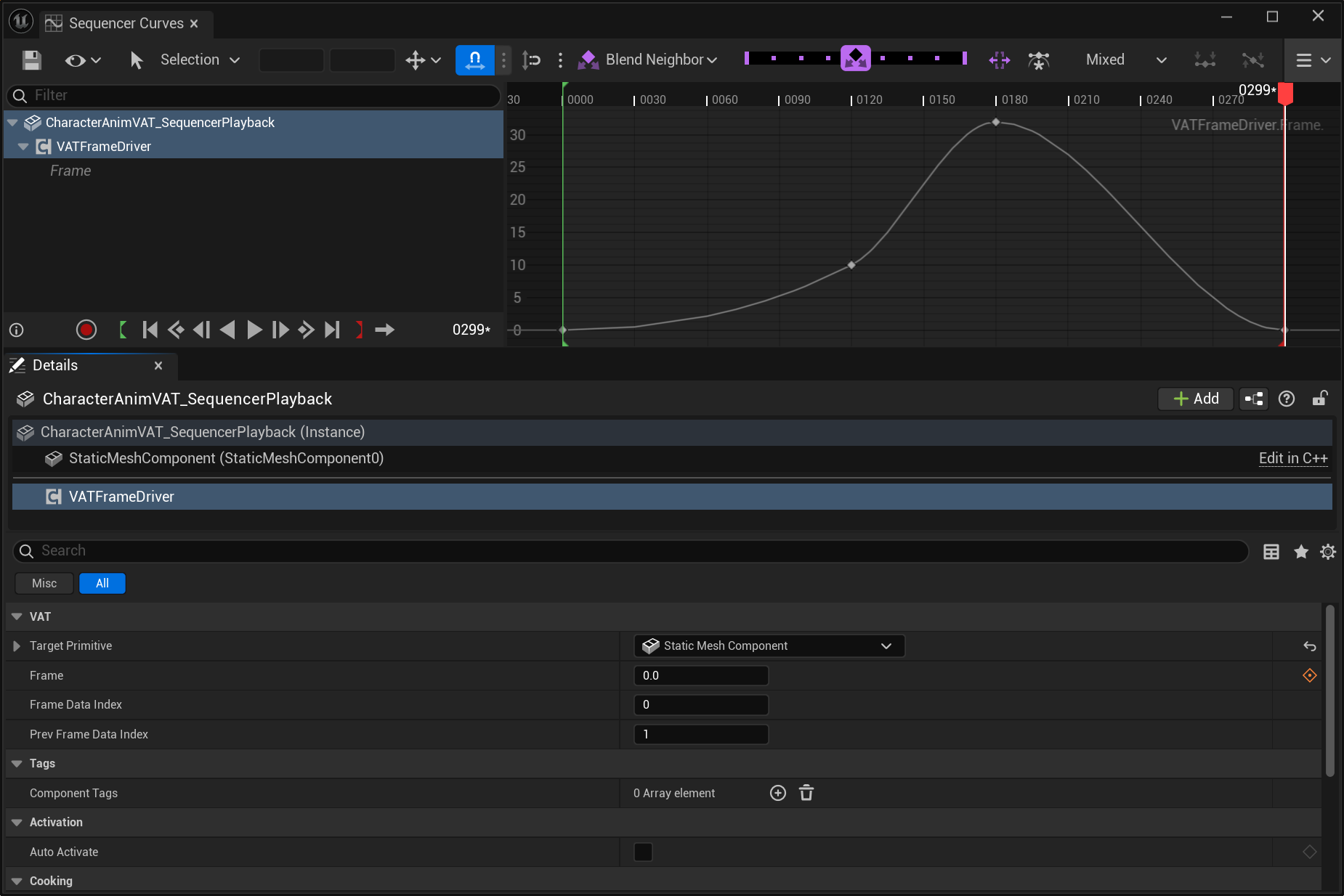 The VAT Frame Driver component and its Frame curve on a Sequencer track
